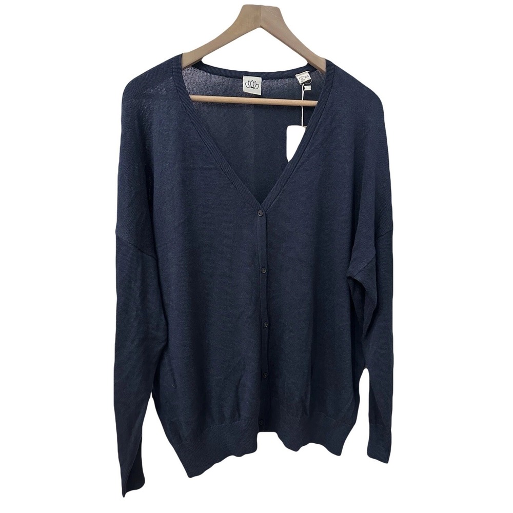 Om & Ah London Cardigan XXL Navy Blue Organic Cotton Tencel V-Neck Vegan NEW
